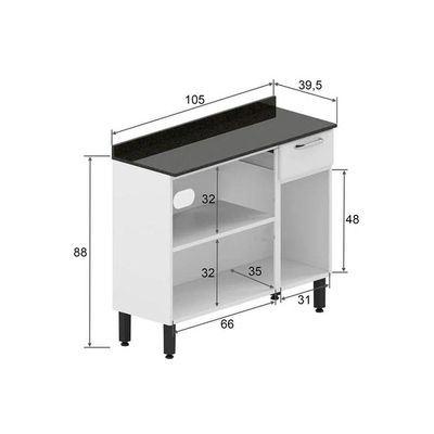 Balcão de Cozinha  Dona Maria 6173 3 Portas e 1 Gaveta c/ Tampo e Pés 105cm Branco/Preto - Bertolini