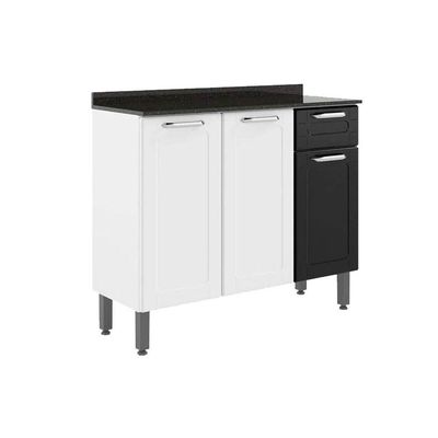Balcão de Cozinha  Dona Maria 6173 3 Portas e 1 Gaveta c/ Tampo e Pés 105cm Branco/Preto - Bertolini