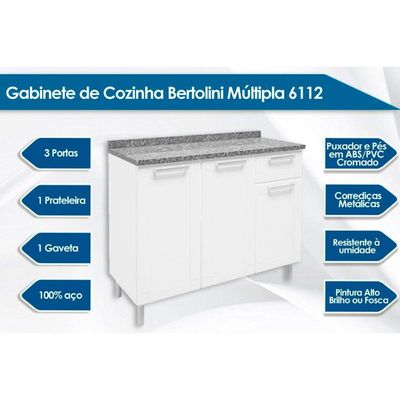 Balcão de Cozinha  Múltipla 6112 3 Portas 1 Gaveta c/ Tampo 105cm Branco - Bertolini