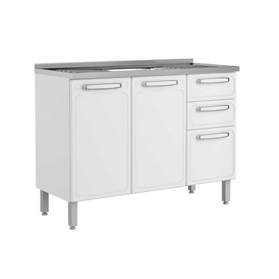 Balcão de Cozinha Gabinete c/ Pia Evidence 7025 3 Portas 2 Gavetas 120cm Branco - Bertolini