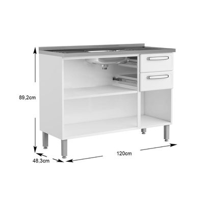 Balcão de Cozinha Gabinete c/ Pia Evidence 7025 3 Portas 2 Gavetas 120cm Branco - Bertolini