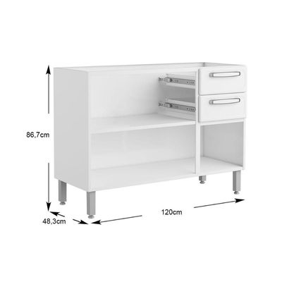 Gabinete de Cozinha Modulado Balcão Evidence 7024 3 Portas 2 Gavetas s/ Tampo Branco - Bertolini