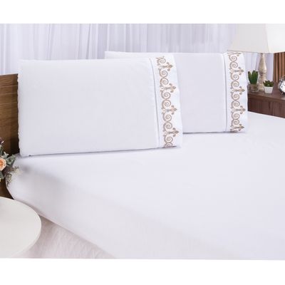 Jogo lençol quarto casal king bordado 3 peças branco caqui