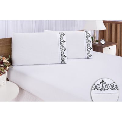 Jogo lençol quarto casal king bordado 3peças branco Petróleo