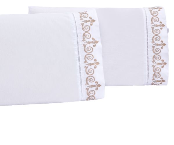 Jogo lençol quarto casal king bordado 3 peças branco caqui