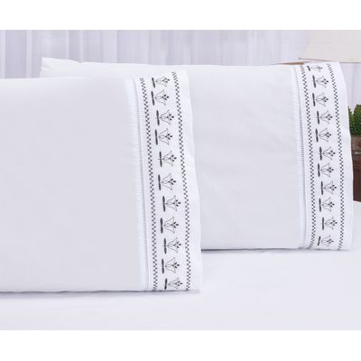 Jogo lençol king bordado 3 peças branco cinza tulipa quarto