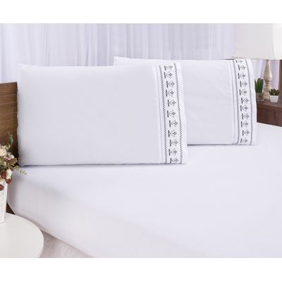 Jogo lençol king bordado 3 peças branco cinza tulipa quarto