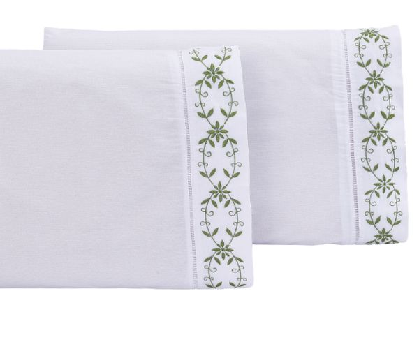 Jogo lençol king casal bordado 3 peças branco Verde veneza