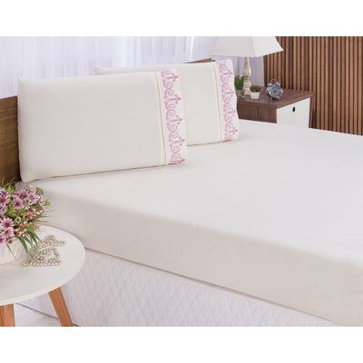 Jogo lençol quarto casal Padrão bordado 3 pç Palha com Rose