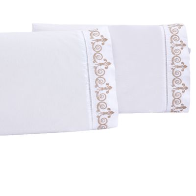 Jogo lençol queen quarto casal bordado 3 peças branco caqui