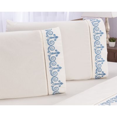 Jogo lençol quarto casal queen bordado 3peças Palha com Azul