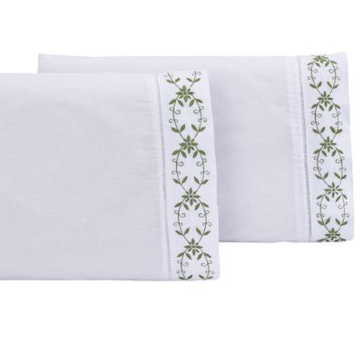 Jogo lençol Queen casal bordado 3 peças branco Verde veneza