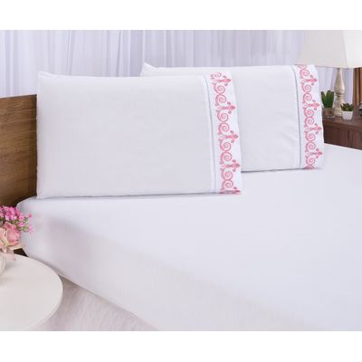 Jogo lençol quarto casal Queen bordado 3 peças branco rose