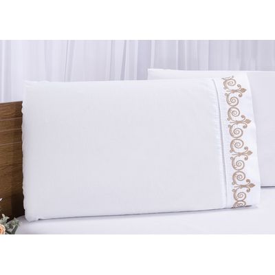 Jogo lençol queen quarto casal bordado 3 peças branco caqui