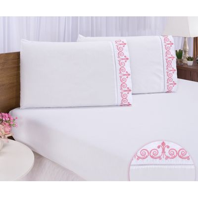 Jogo lençol quarto casal Queen bordado 3 peças branco rose
