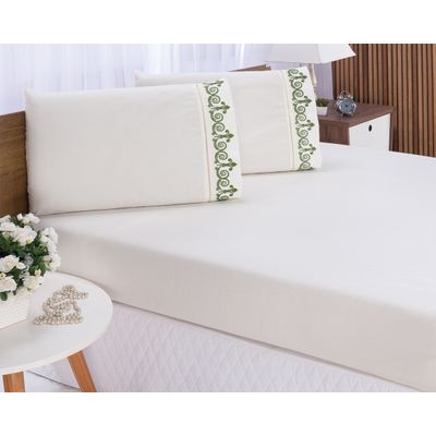 Jogo lençol quarto casal Queen bordado 3peça Palha com Verde