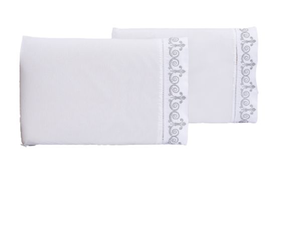 Jogo lençol Queen quarto casal bordado 3 peças branco cinza