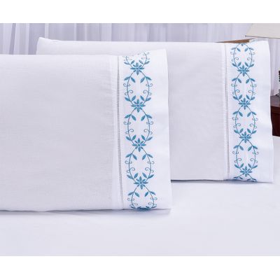 Jogo lençol Queen casal bordado 3 peças branco azul veneza