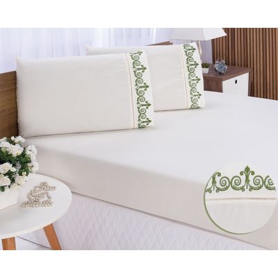 Jogo lençol quarto casal Queen bordado 3peça Palha com Verde