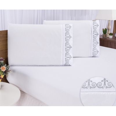 Jogo lençol Queen quarto casal bordado 3 peças branco cinza