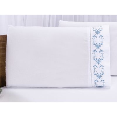 Jogo lençol Queen casal bordado 3 peças branco azul veneza
