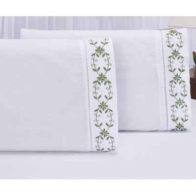 Jogo lençol Queen casal bordado 3 peças branco Verde veneza