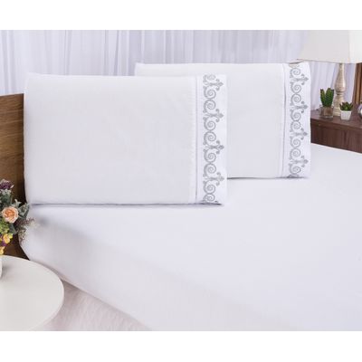 Jogo lençol Queen quarto casal bordado 3 peças branco cinza