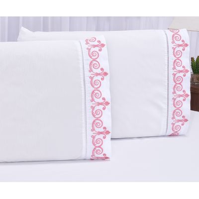 Jogo lençol quarto casal Padrão bordado 3 peças branco rose