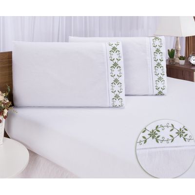 Jogo lençol Padrão casal bordado 3 peças branco Verde veneza
