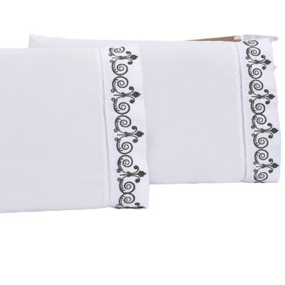 Jogo lençol quarto casal Padrão bordado 3 pç branco Petróleo