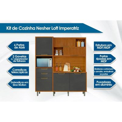 Kit de Cozinha Compacta Loft Imperatriz c/ 6 Portas e 2 Gavetas Freijo/Grafite - Nesher