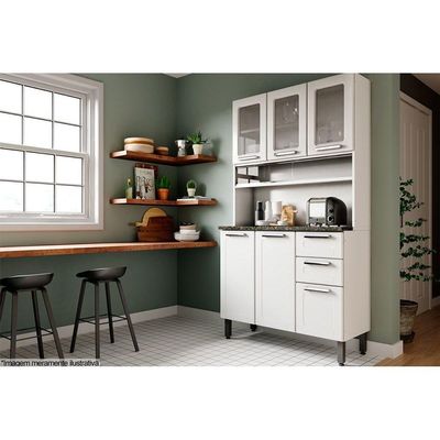 Kit de Cozinha Compacta Múltipla c/ 6 Portas (3 c/ Vidro) e 2 Gavetas 105cm Branco/Preto - Bertolini