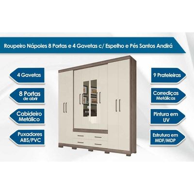 Guarda Roupa 8 Portas  e 4 Gavetas c/ Espelho e Pés Nápoles Ébano - Santos Andirá
