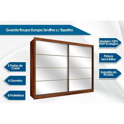 Guarda Roupa Casal 2 Portas de Correr e 6 Gavetas c/ Espelho Sevilha Braúna - Europa