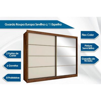 Guarda Roupa Casal 2 Portas de Correr e 6 Gavetas c/ 1 Espelho Sevilha Branco - Europa