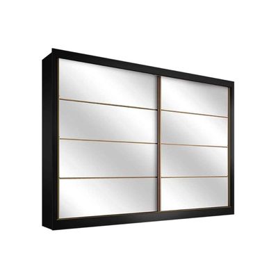 Guarda Roupa 2 Portas  de Correr e 6 Gavetas c/ Espelho Sevilha Preto/Branco Acetinado - Europa