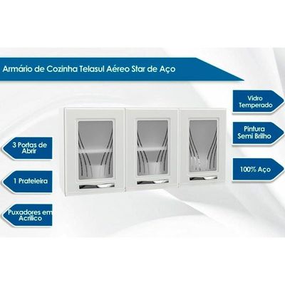 Módulo Cozinha Telasul Star New Armário  c/ 3 Portas c/Vidro Branco/Preto