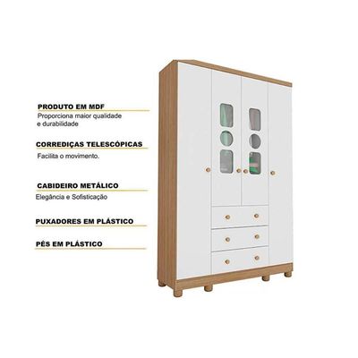 Guarda Roupa Infantil Tedy c/ 4 Portas e 3 Gavetas Branco - Peroba