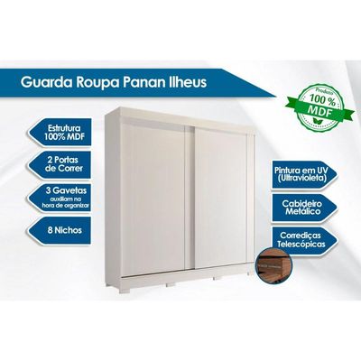 Guarda Roupa 2 Portas  de Correr e 3 Gavetas c/ Pés Ilhéus Branco - Panan