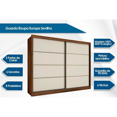Guarda Roupa Casal 2 Portas de Correr e 6 Gavetas Sevilha Peroba/Off White/Peroba - Europa