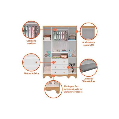 Guarda Roupa Bebê Uli c/ 4 Portas e 3 Gavetas Branco - Peroba
