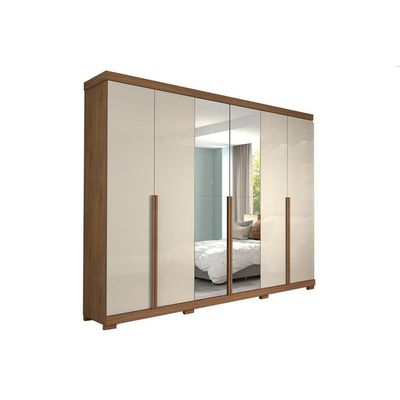 Guarda Roupa 6 Portas  e 6 Gavetas c/ Espelho e Pés Guarapari Avelã/Off White - Panan