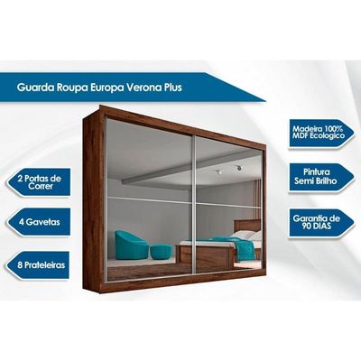 Guarda Roupa Casal 2 Portas de Correr e 4 Gavetas c/ Espelho Verona Plus Braúna - Europa
