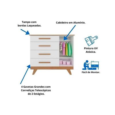 Cômoda Infantil Retrô c/ 1 Porta Cristal e 4 Gavetas Branco/Carvalho - Peroba