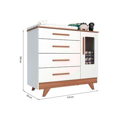 Cômoda Infantil Retrô c/ 1 Porta Cristal e 4 Gavetas Branco/Carvalho - Peroba