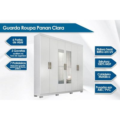 Guarda Roupa Casal 6 Portas e 3 Gavetas c/ Espelho Clara Avelã - Panan