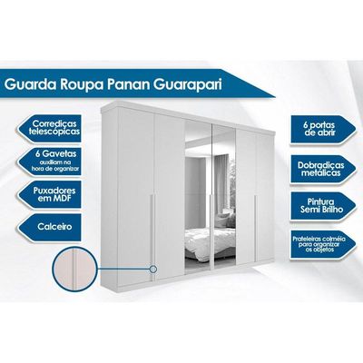 Guarda Roupa 6 Portas  e 6 Gavetas c/ Espelho Guarapari Avelã/Off White - Panan