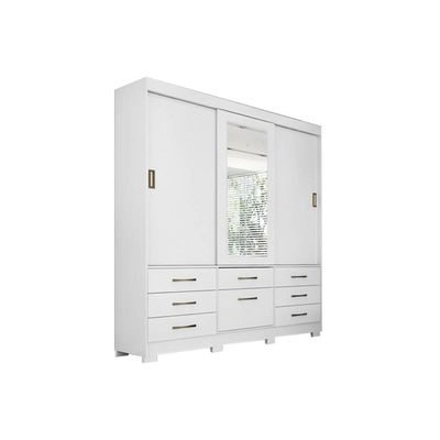 Guarda Roupa Casal 3 Portas de Correr e 7 Gavetas c/ Espelho Luiza Branco - Panan