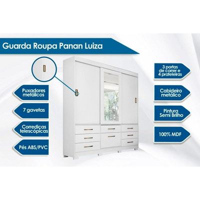 Guarda Roupa Casal 3 Portas de Correr e 7 Gavetas c/ Espelho Luiza Branco - Panan