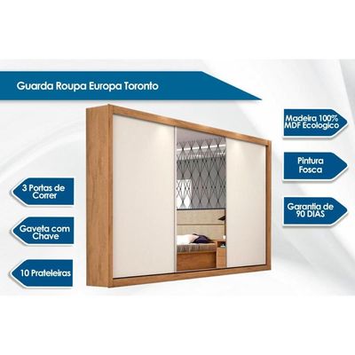 Guarda Roupa Casal 3 Portas de Correr e 6 Gavetas c/ 1 Espelho Toronto Amêndoa/Off White - Europa